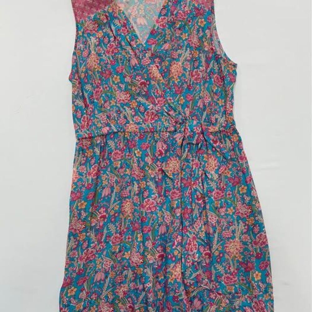 Plenty Tracy Reese Petite Large Blue Pink Floral Faux Wrap Ruffle Summer Dress